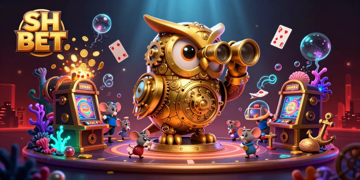 SH BET showcases a dynamic gambling scene featuring a golden owl and lively patrons among vibrant slot machines.