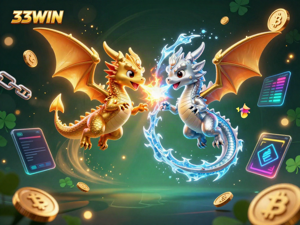 Engage in the thrilling world of 33WIN with intertwined dragons and crypto elements, showcasing online gambling excitement.