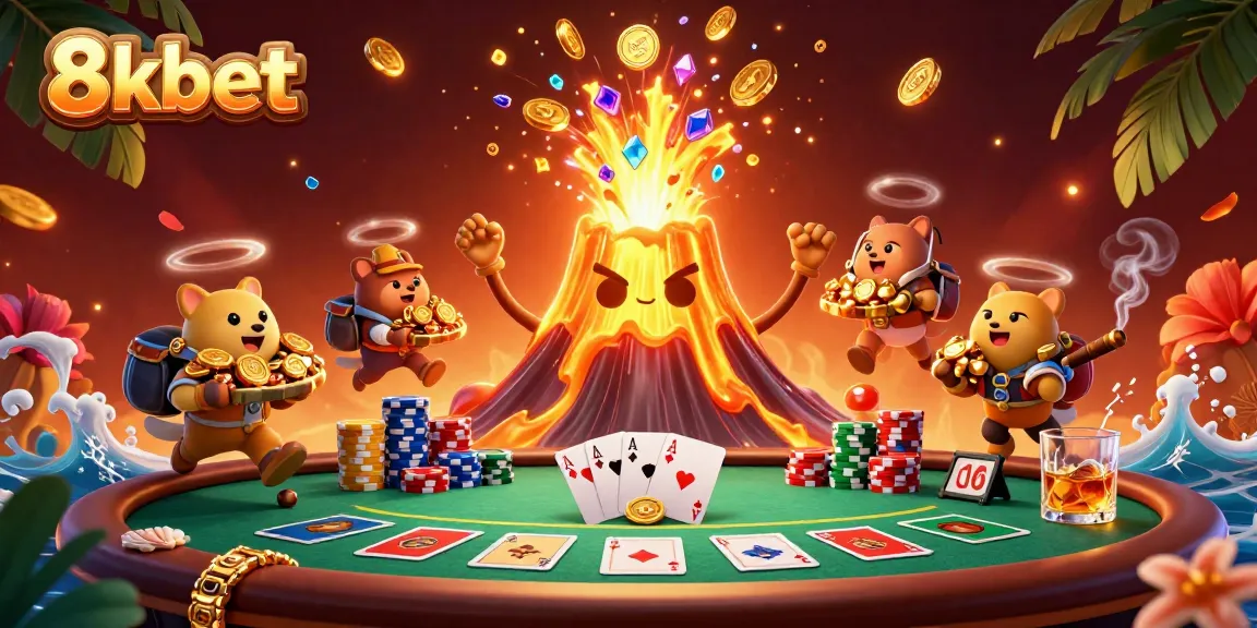 Engage with 8xbet's thrilling casino scene: A volcano erupts coins as explorers flee with riches.