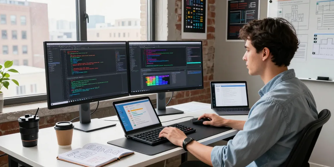 Workspace of telegraimin.com developer showcasing coding on dual monitors in a modern office setting.