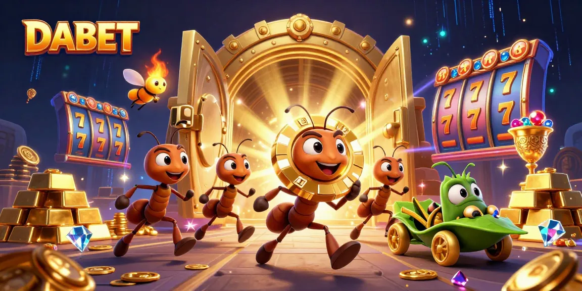 DABET showcases a vibrant scene of ants orchestrating a casino heist with a golden poker chip amidst dazzling treasures.