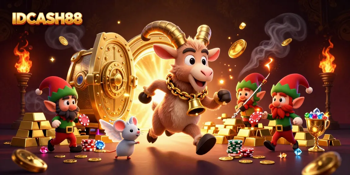 IDCASH88 showcases a festive casino scene with gremlins stealing poker chips amidst gold treasures.