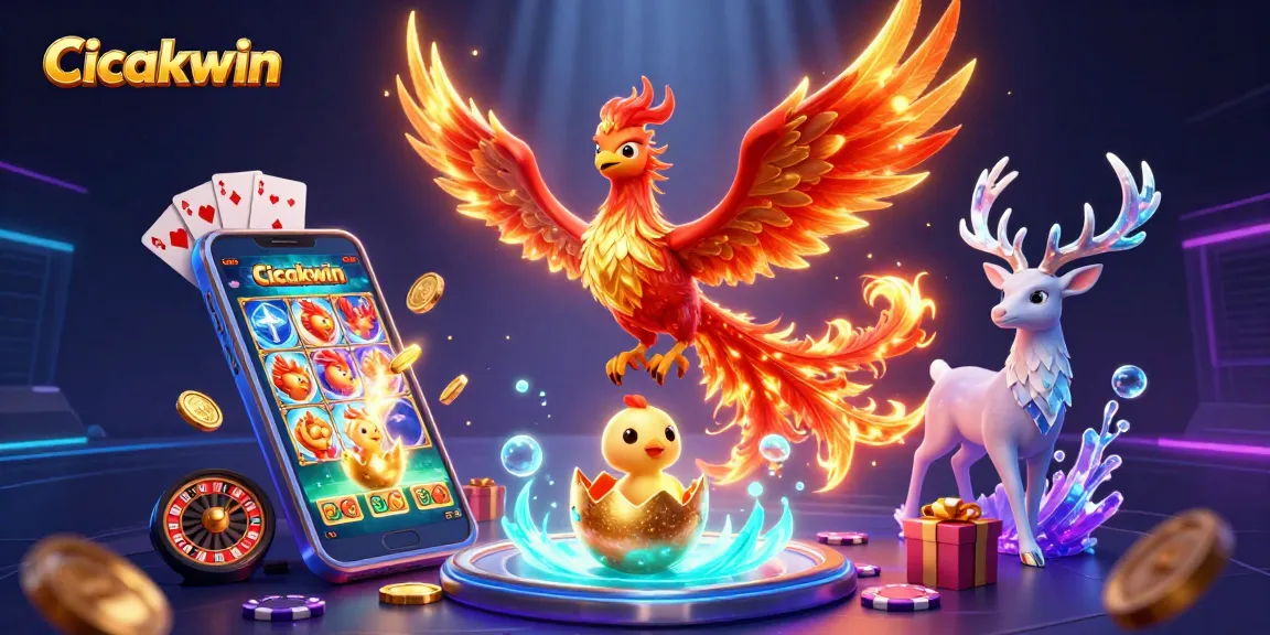 Cicakwin showcases an exciting gaming scene with vibrant elements featuring a phoenix, golden egg, and casino games.