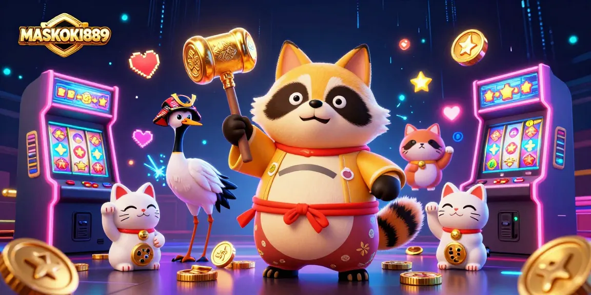 Explore the vibrant world of MASKOKI889 with cheerful tanuki and lucky elements in a lively casino setting