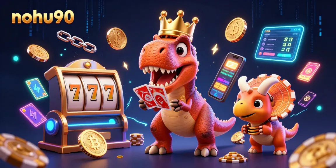 Nohu90 players engage in exciting slots and crypto gaming with friendly dino characters.