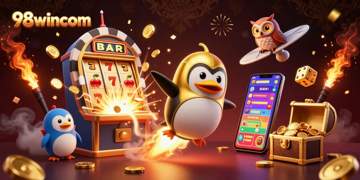 Experience thrilling wins with 98wincom in a dazzling casino illustration of a penguin and jackpot.