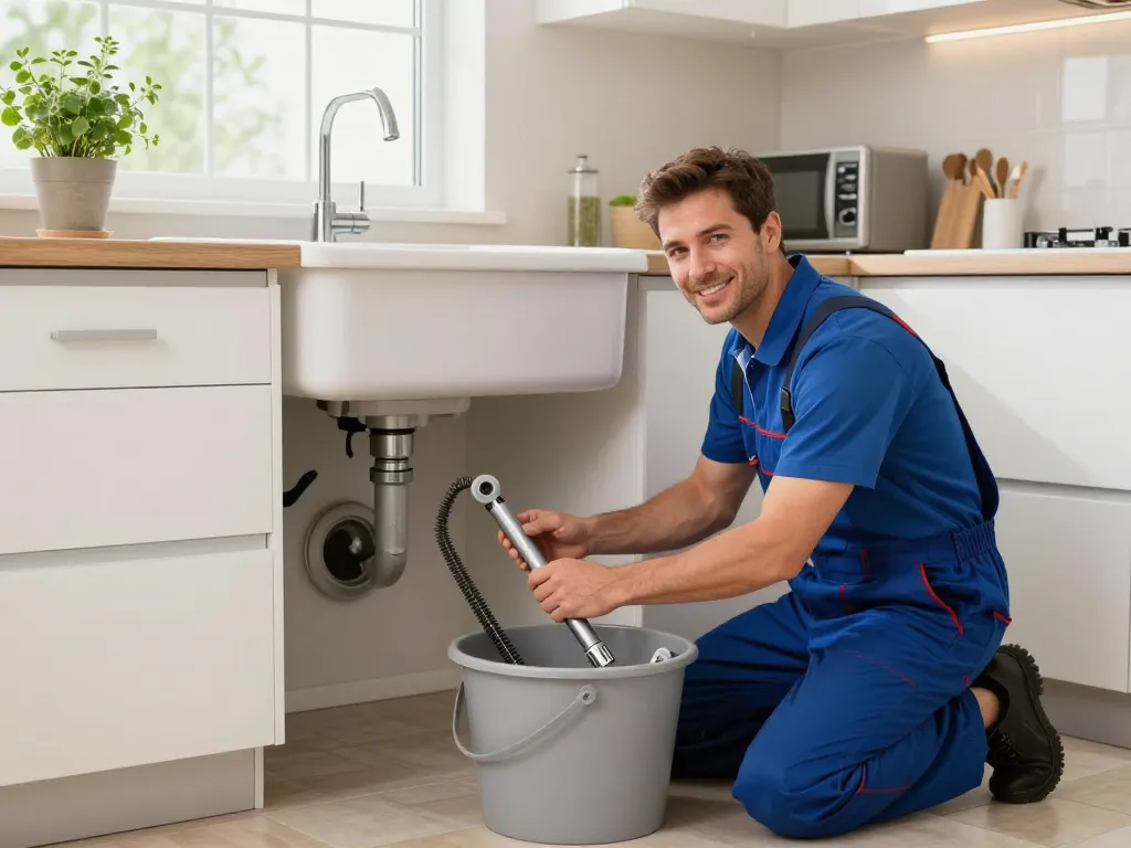 Flotek Sewer & Drain technician fixing clogged kitchen drain, showcasing professional plumbing services.