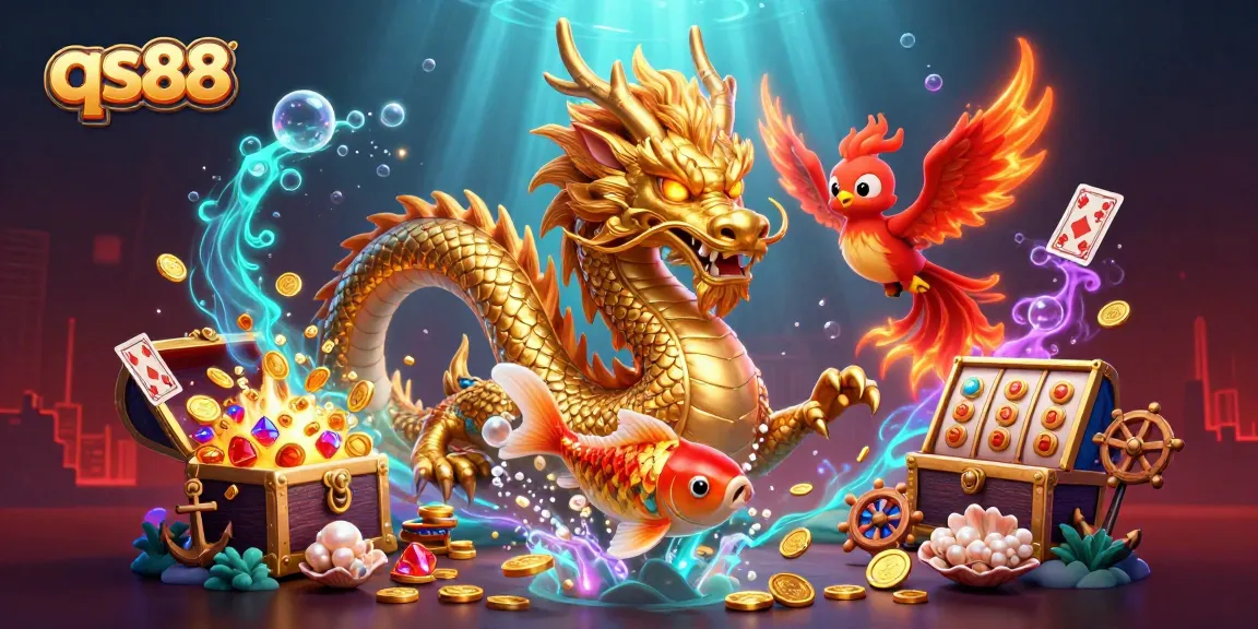 Experience slot gaming with qs88's golden dragon, phoenix, and koi fish in a colorful treasure scene.