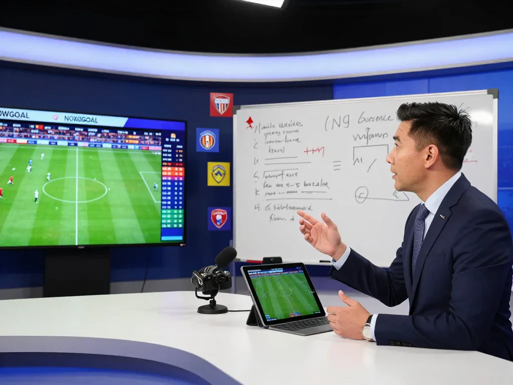 Sports analyst discussing NOWGOAL's live football scores in a modern studio setting.