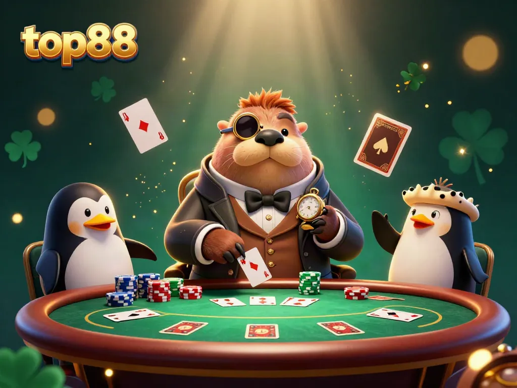 Experience the thrill of poker with top88's vibrant casino scene featuring a walrus, penguin dealer, and pufferfish.