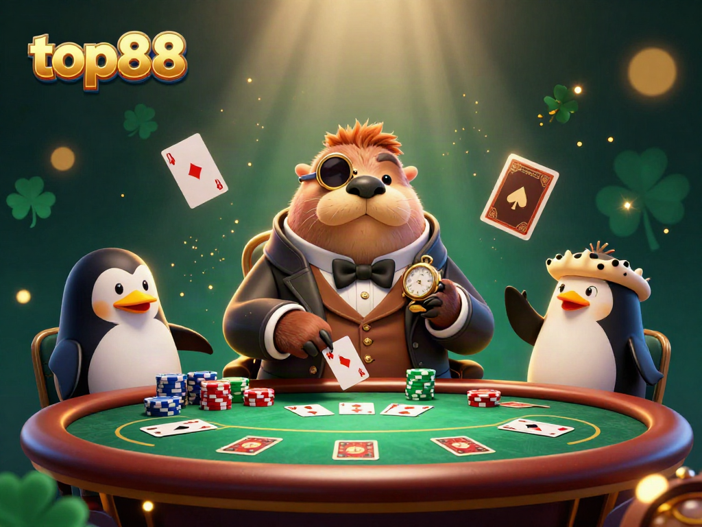 Experience the thrill of poker with top88's vibrant casino scene featuring a walrus, penguin dealer, and pufferfish.