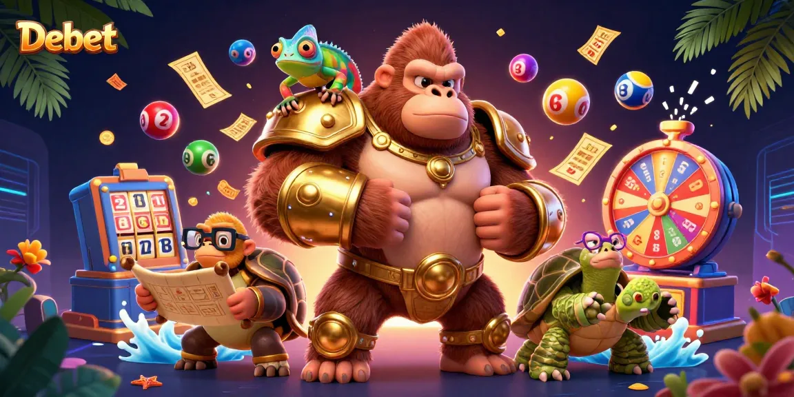 Engage in exciting lottery adventures with Debet, featuring vibrant characters amidst colorful balls and cash