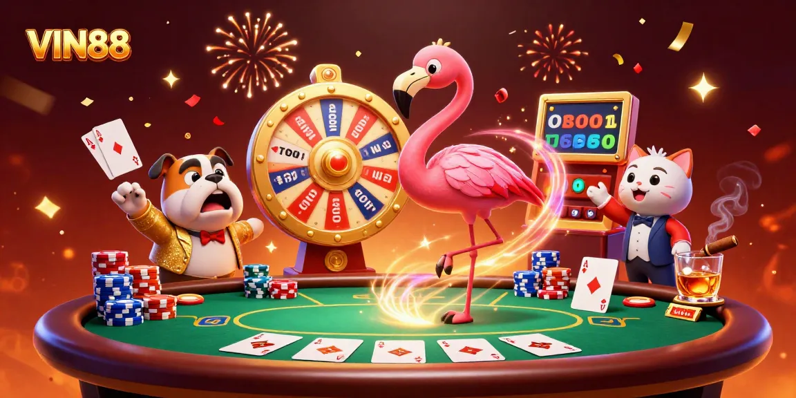 Engage in thrilling VIN88 casino action with a festive 3D scene of games and prizes.