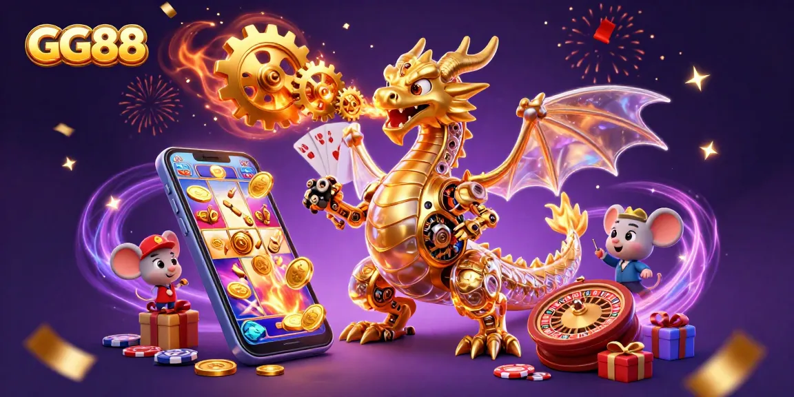 Engage with GG88's casino adventure featuring a golden dragon and dynamic slot games.