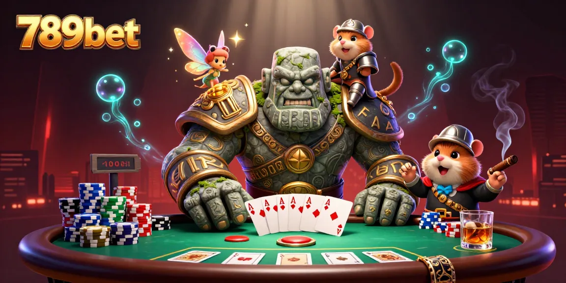 Play poker with 789bet as a stone golem guardian, fairy, and hamster knight at a vibrant casino scene.