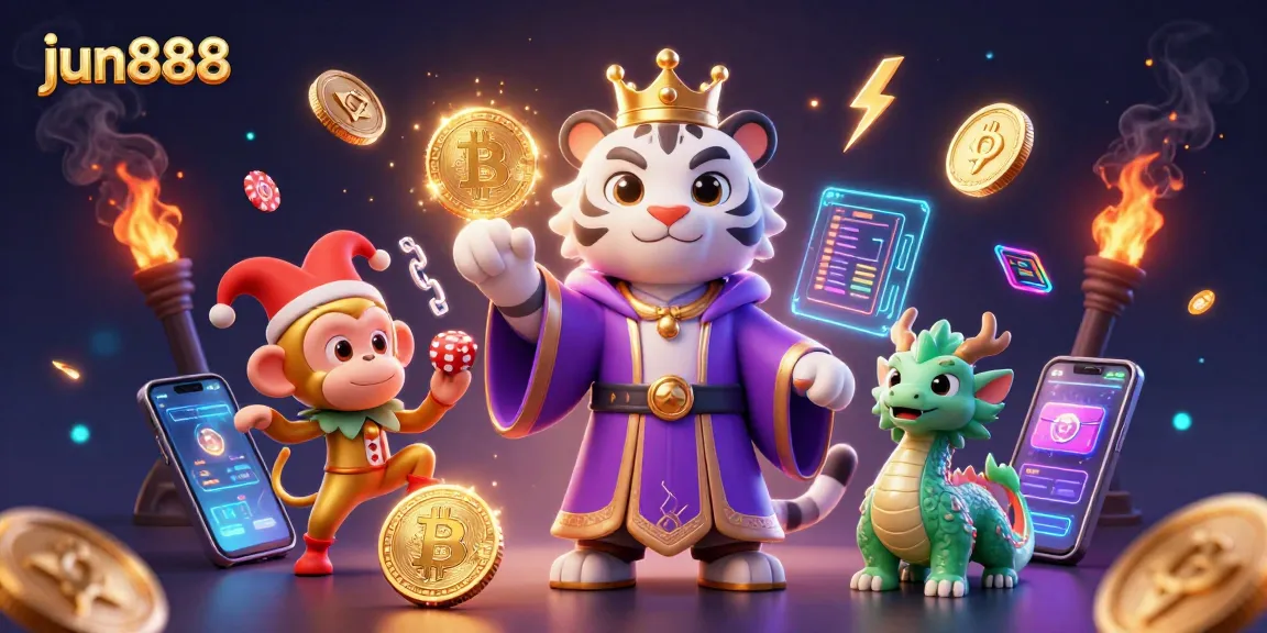 Betting enthusiast's delight with jun888, showcasing vibrant casino elements and characters.