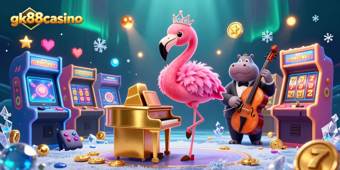 gk88casino brings excitement with a vibrant casino scene featuring a flamingo singer and hippo bassist.