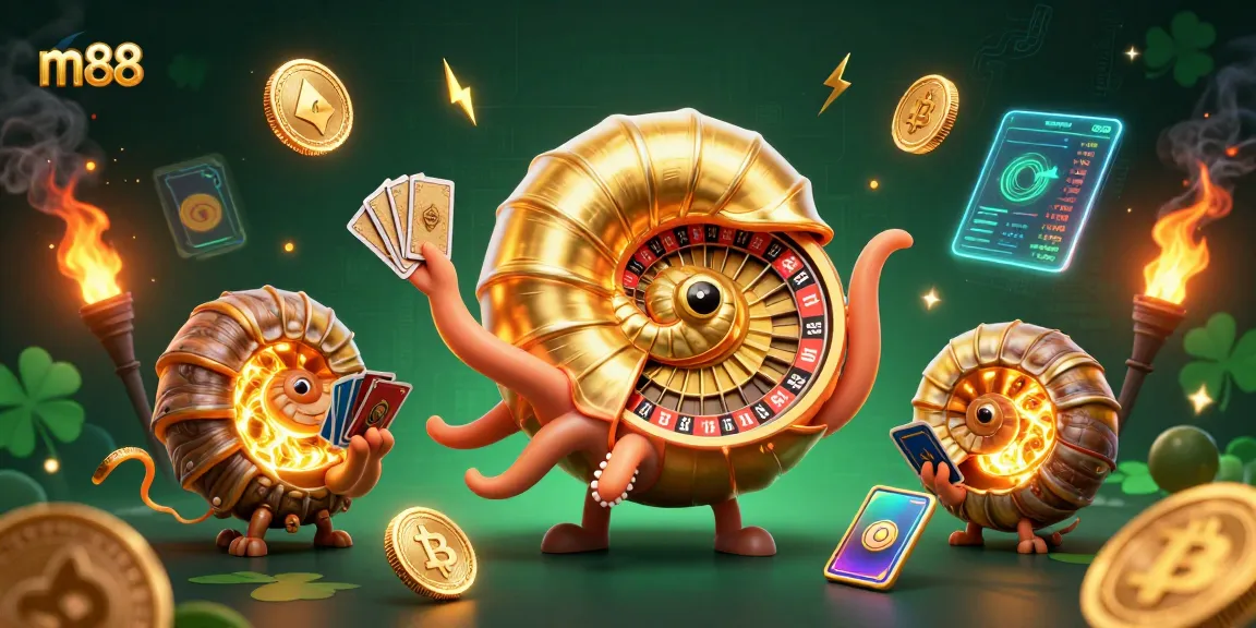 Experience thrilling m88 gameplay with a giant nautilus and vibrant crypto elements in an exciting casino setting.