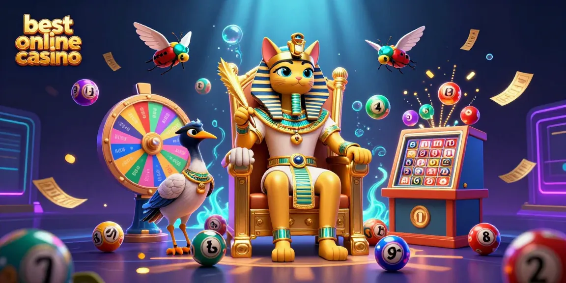 Engage with the best online casino scene featuring a pharaoh cat, vibrant lottery elements, and dynamic game action.