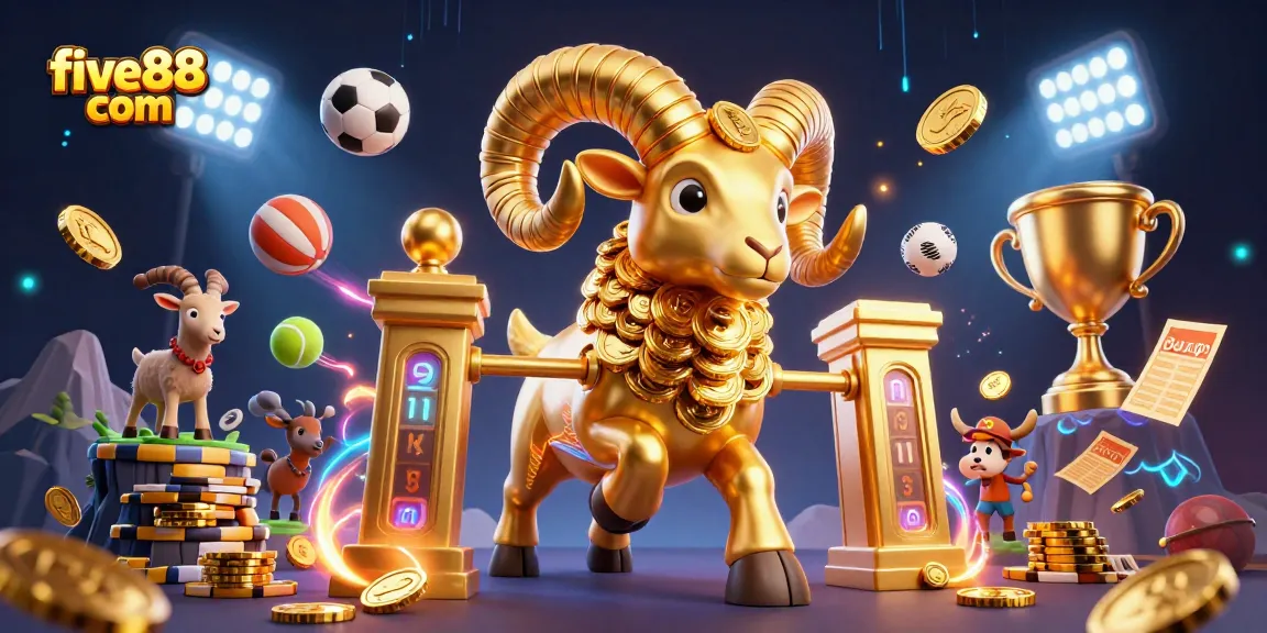 Experience the excitement of betting with five88 com, featuring a golden ram amidst vibrant sports elements.