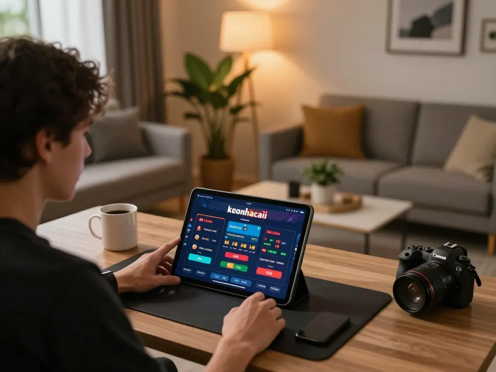Person engaging with the keonhacaii app for live betting on a tablet in a cozy home setup.