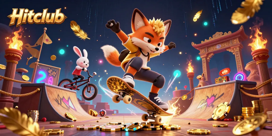 Hitclub's vibrant cartoon scene showcases a skateboarder fox and BMX-riding rabbit amidst casino symbols and gold coins.