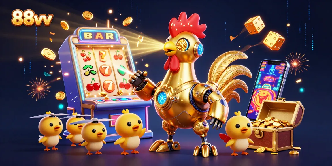 Engage with 88vv's vibrant casino scene featuring a golden rooster robot and slot machine