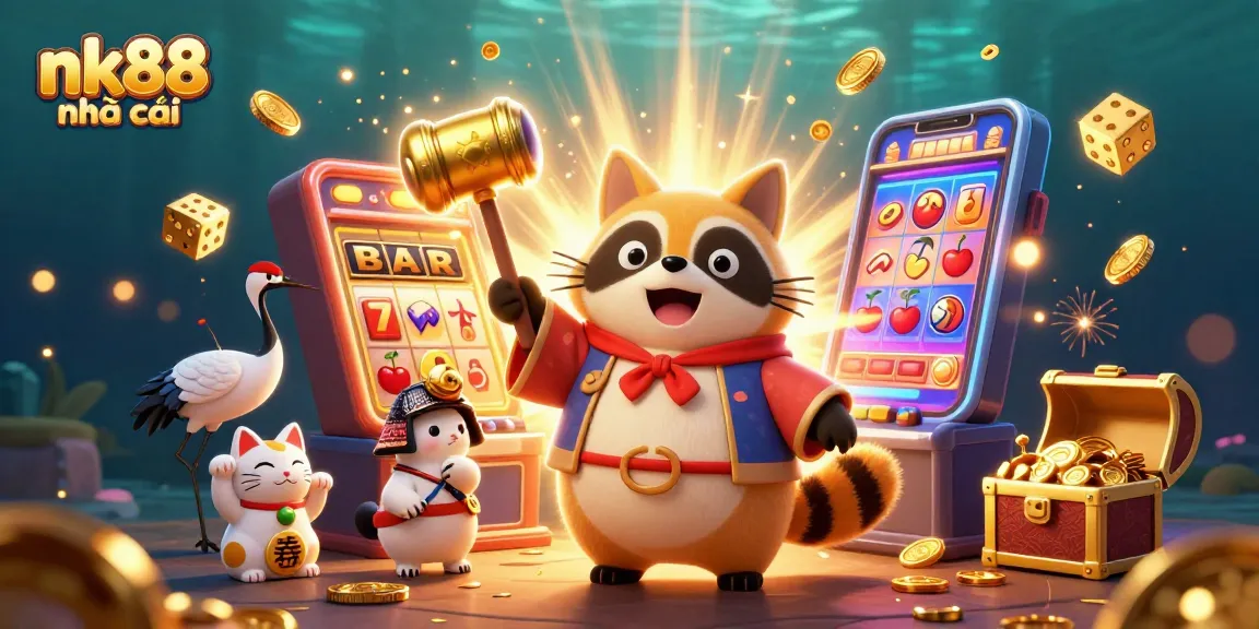 Experience the excitement of nk88 nhà cái with cheerful characters and a jackpot explosion in vibrant casino-themed illustration.