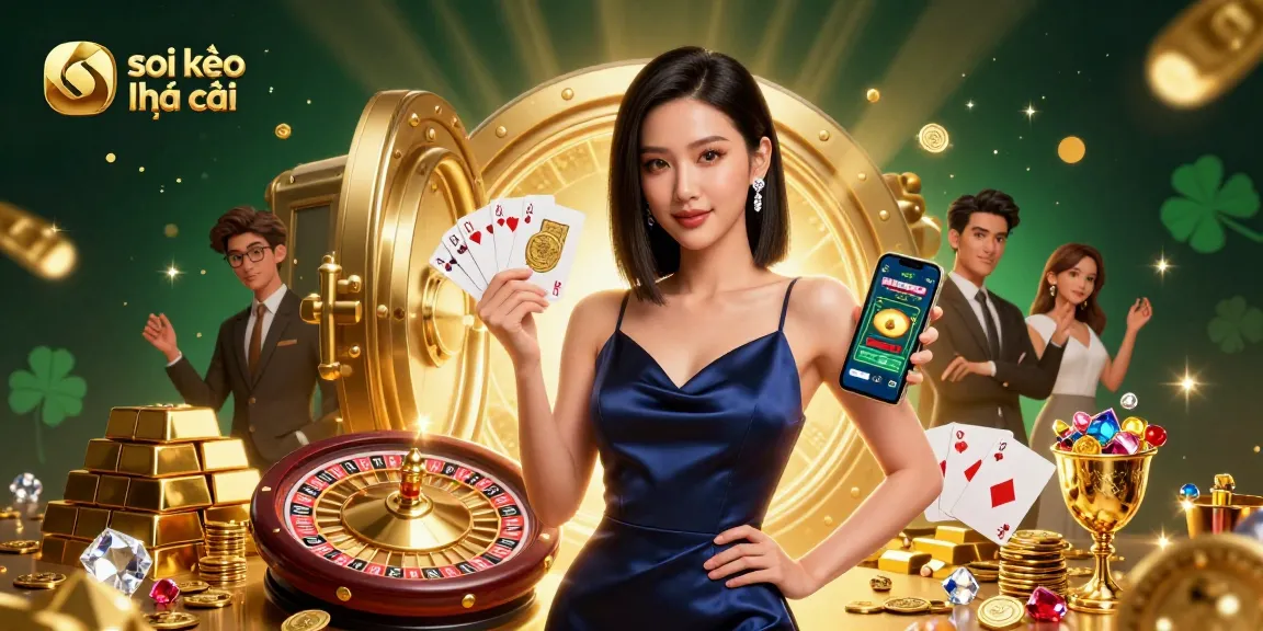 Succeeding at soi kèo nhà cái with the confident Asian woman showcasing a smartphone and casino chip.