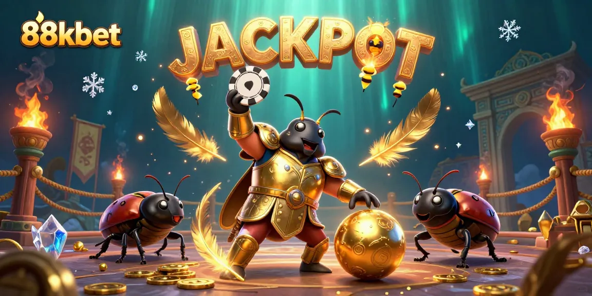 Experience the thrill of victory at 88kbet with a heroic beetle triumphant in a glamorous casino scene.