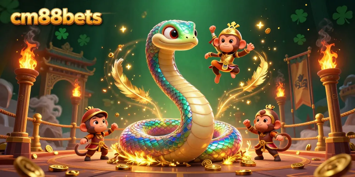 Engage with cm88bets' vibrant gaming scene featuring a colorful serpent, monkey king, and sparkling casino elements.