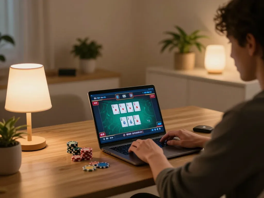 Engaging in FA8 8 online gaming strategy with laptop's poker interface displayed