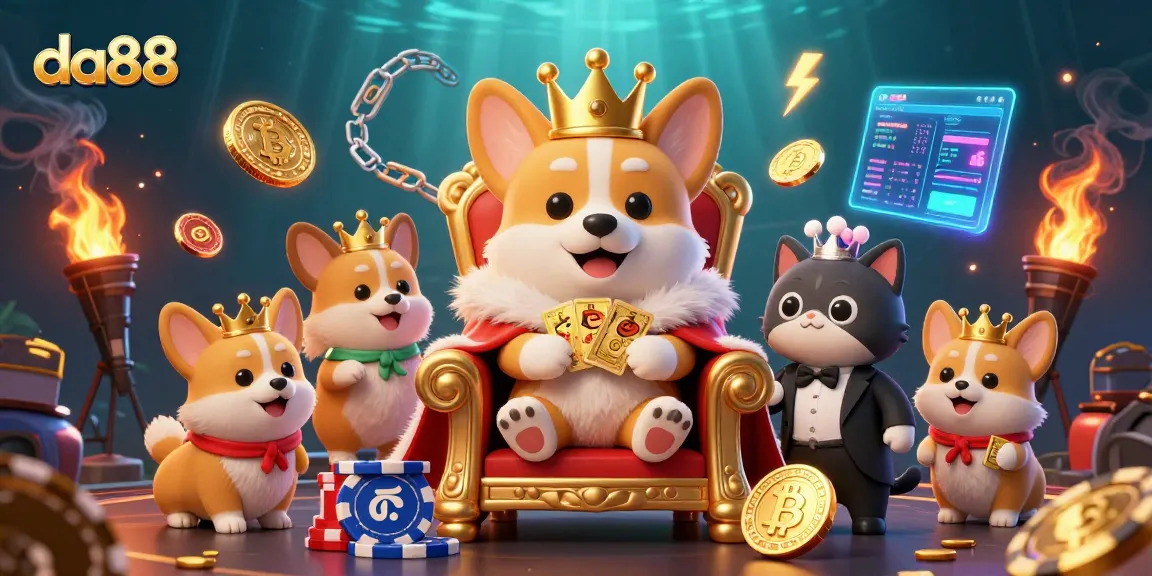 Engage in thrilling cryptocurrency gaming at da88 with an animated royal corgi and crypto elements.