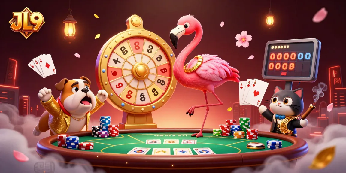 JL9 engages players with an exciting scene featuring a game show host flamingo and bulldog contestant amidst poker elements.