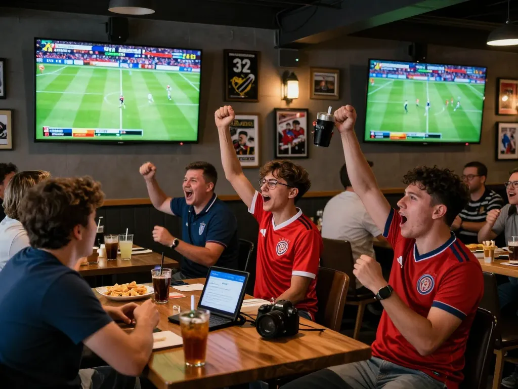 Fans enjoying a live football match at a sports bar using nowgoal for real-time updates.