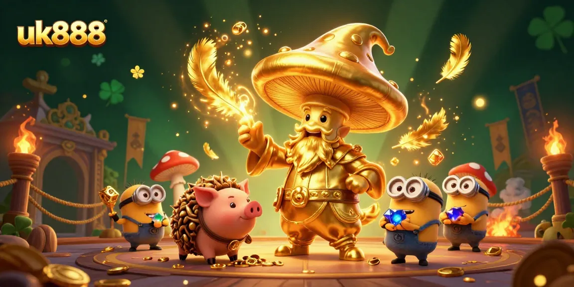 Experience winning magic with uk888's golden wizard and treasure-seeking pig in an enchanting casino adventure.