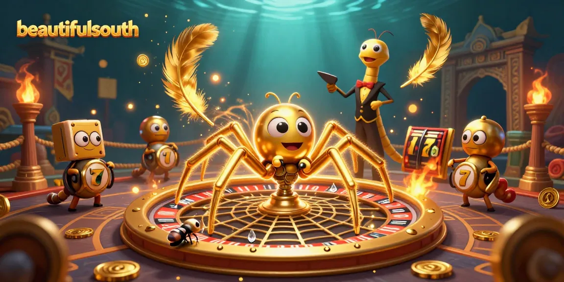 Beautifulsouth captures a golden spider and centipede croupier in a vibrant casino scene spinning the roulette web.