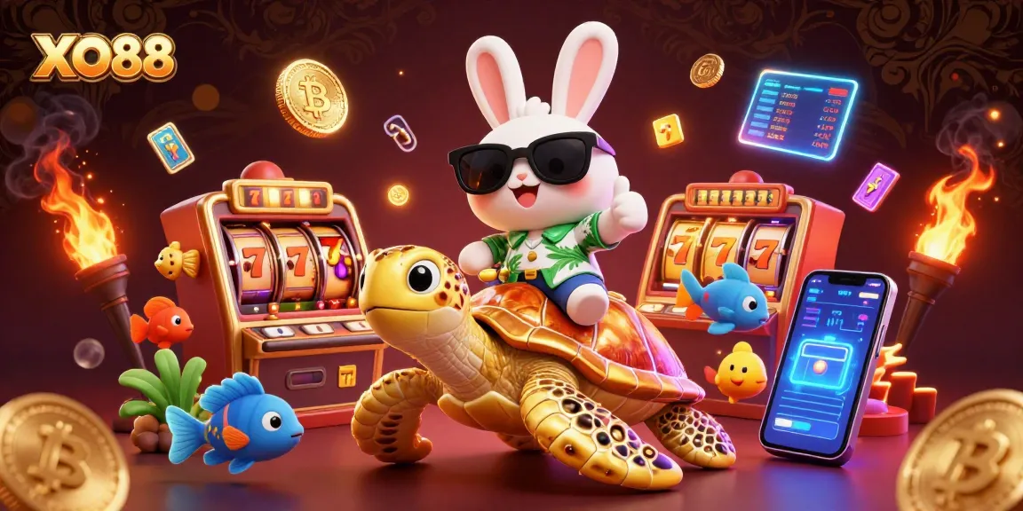 Experience thrilling gameplay with XO88 as a lucky rabbit rides a golden turtle in this vibrant casino scene.