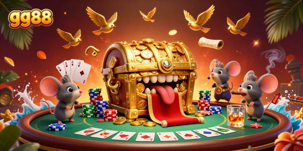 Win big at gg88 with a treasure chest and adventurer mice among vibrant casino elements.