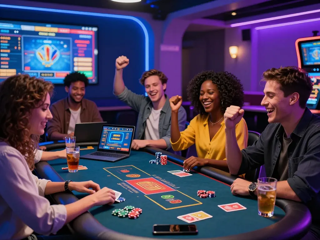 Friends enjoying an exciting MM88 online casino experience with vibrant gaming elements.