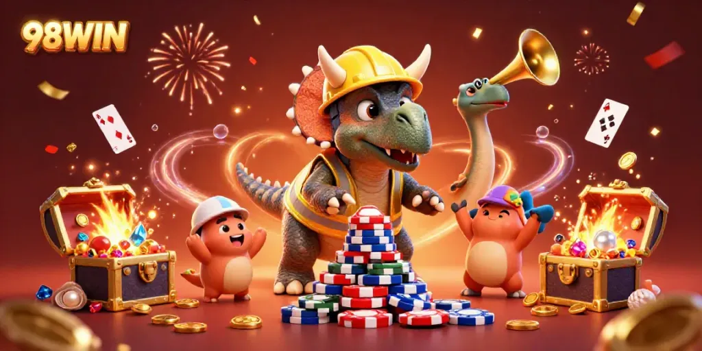 Join the excitement at 98WIN with a lively casino scene featuring animal characters building poker chip pyramids.