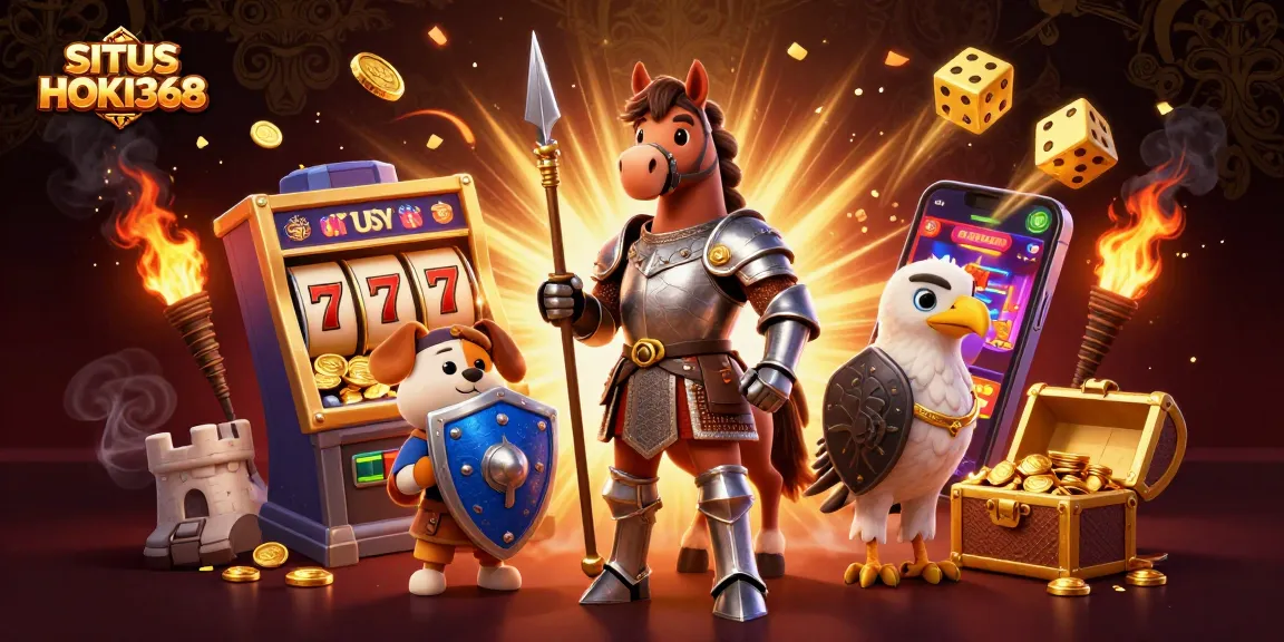 SITUS HOKI368 showcases exciting gaming adventure with a knight, puppy, and falcon amid jackpots and slot reels.