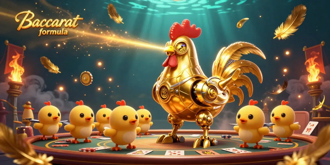 Engage with the Baccarat formula in this vibrant 3D casino scene, featuring a charismatic robot amidst dynamic game elements.