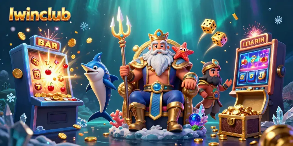 Iwinclub brings excitement with Jackpots and casino thrills featuring a cartoon Neptune and a dynamic scene.