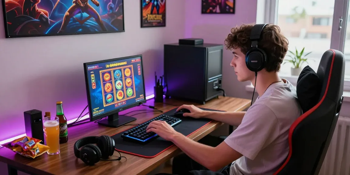 Young man engaging in an online casino game at home with vibrant graphics visible, representing https://ibn.org.uk.