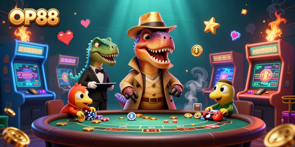 OP88 features a cartoon velociraptor card counter at a blackjack table, surrounded by colorful gaming elements.