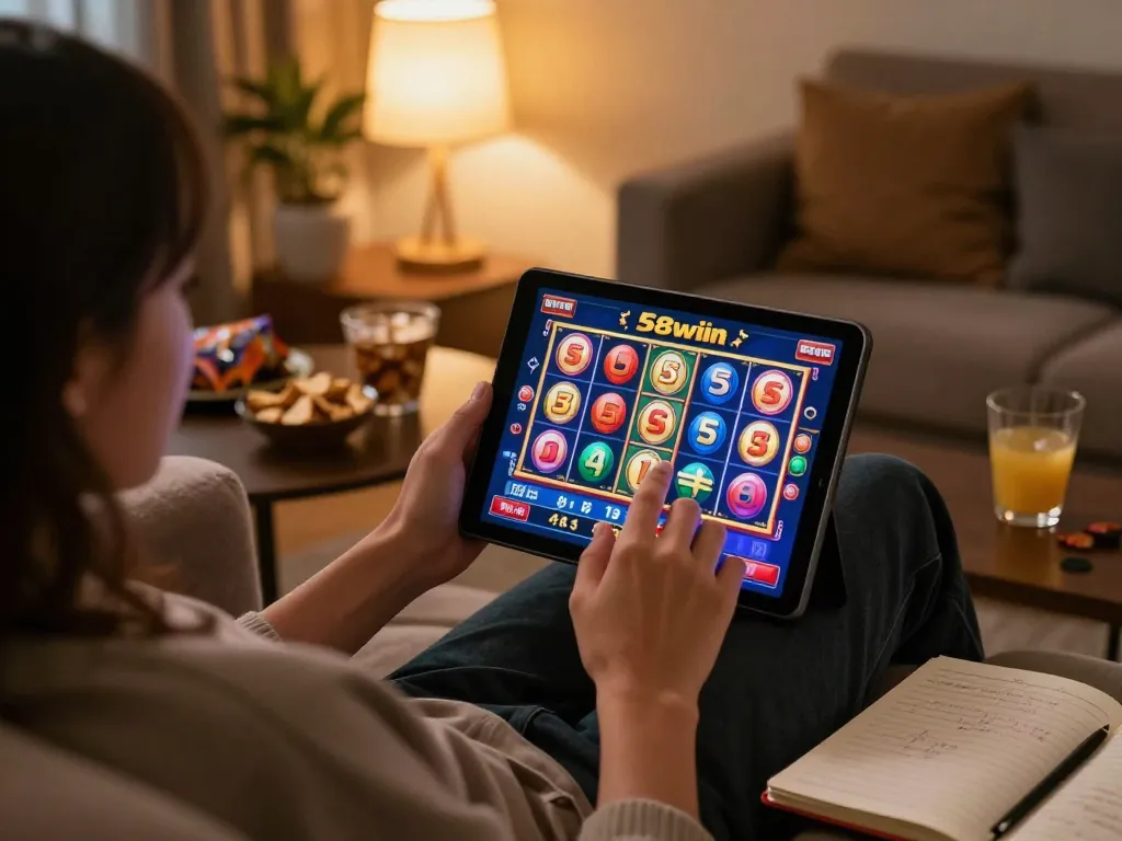 Engaged player enjoying vibrant 58wiin slots on tablet in cozy home setting