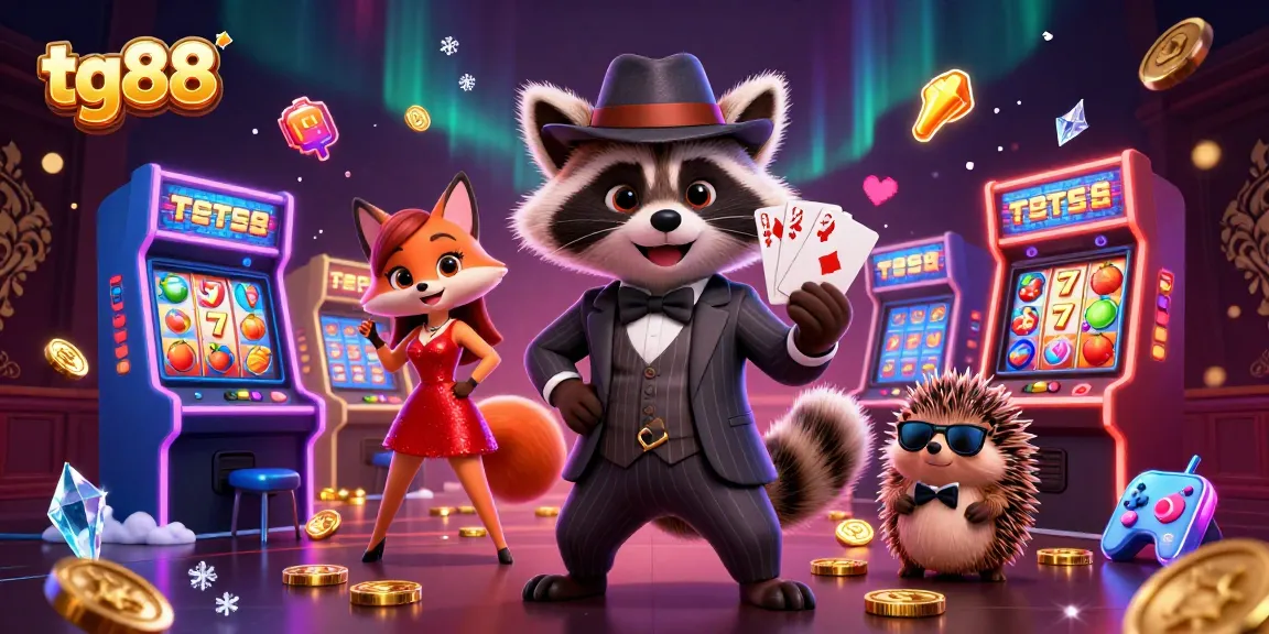Experience exhilarating gaming at tg88 with a suave raccoon, charming fox, and hedgehog bouncer amidst vibrant slot elements.