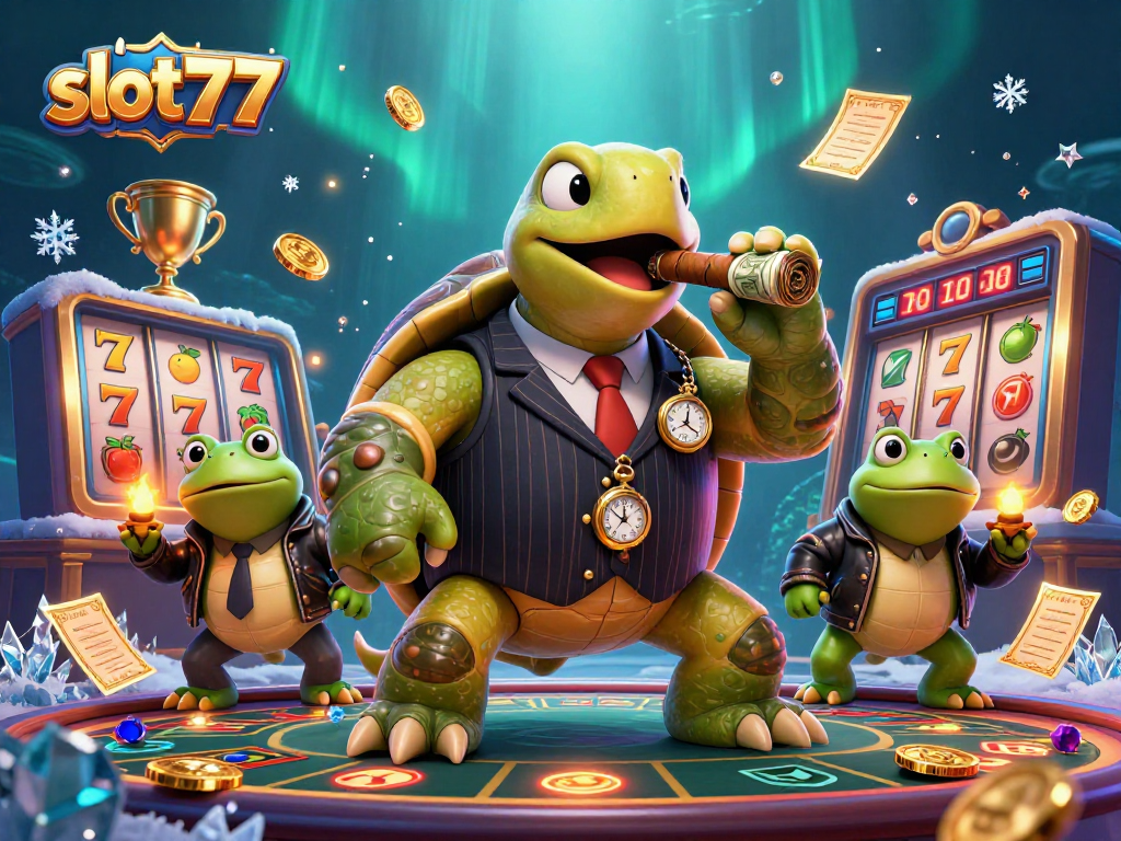 Play slot777 with a massive snapping turtle and bullfrog enforcers in an electric casino scene