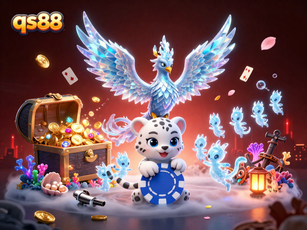 Join the gaming thrill at qs88, where a mythical phoenix and playful leopard capture jackpot action in a magical scene.